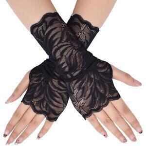 Women's St132-G-Black Elegant Floral Lace Fingerless Short Gloves Party Prom